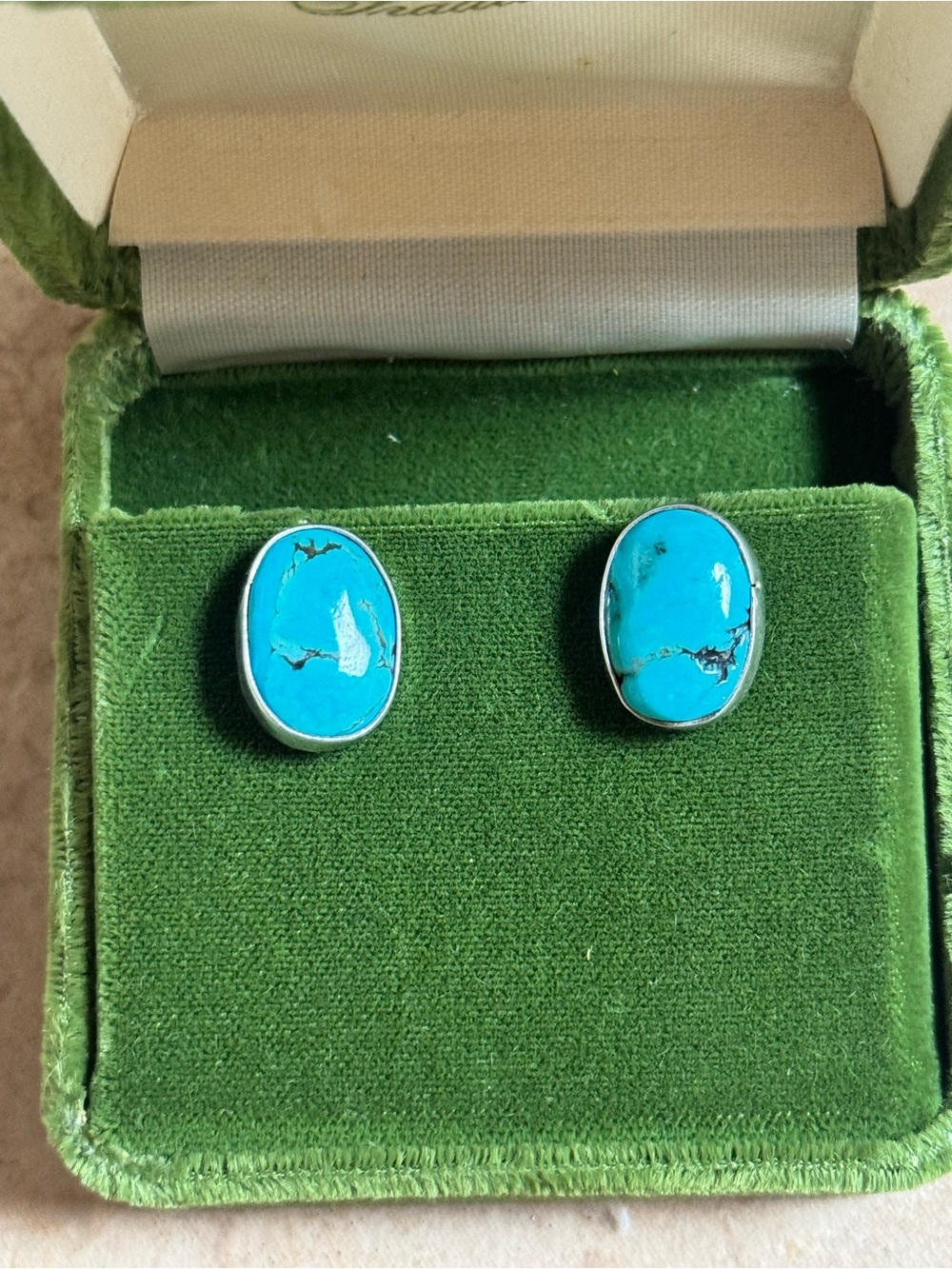 Turquoise Oval Stone Stud Earrings - Bright Blue Cabochon
